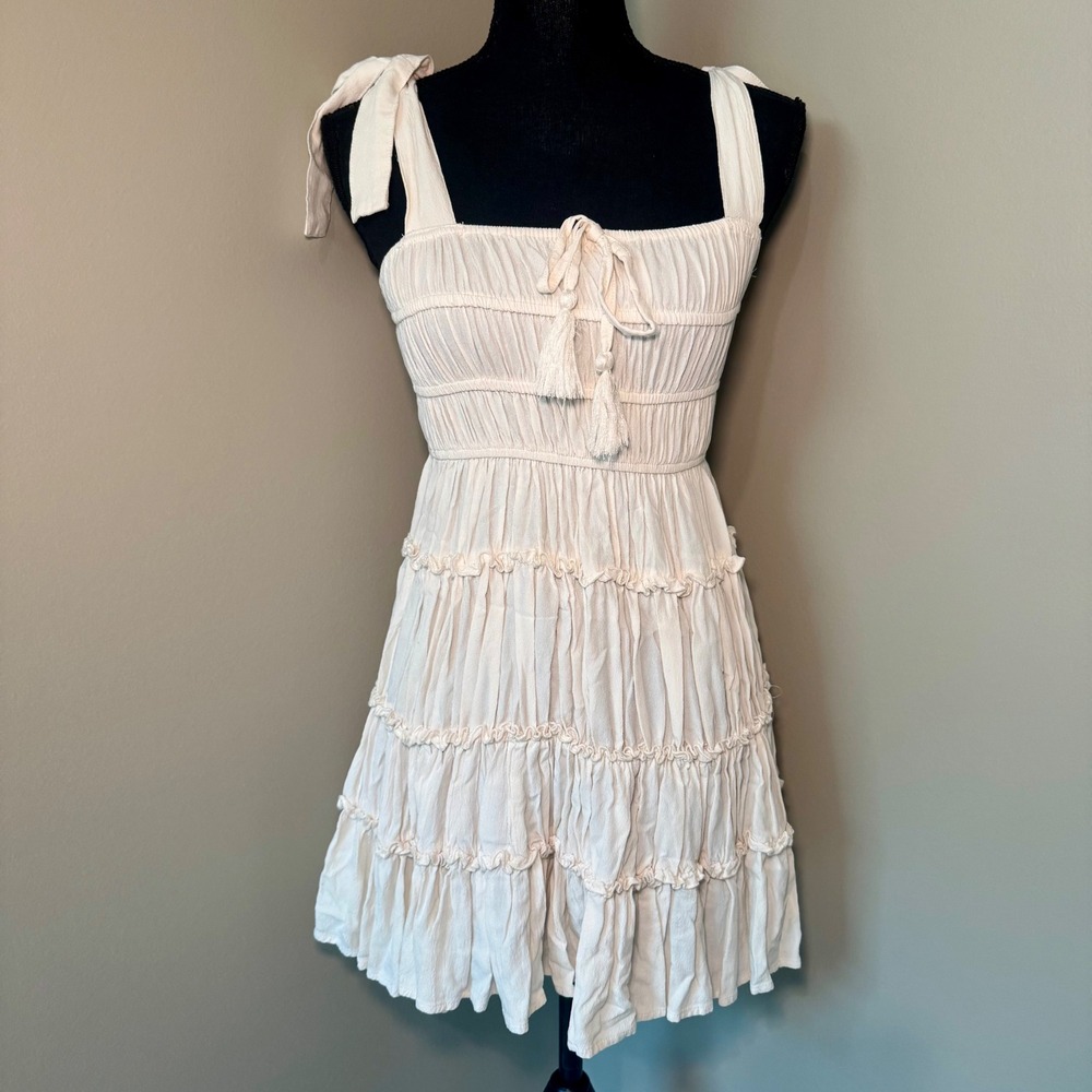 Chelsea & Violet Cream Smocked Tiered Mini Dress Boho Tie Strap Tassel XS